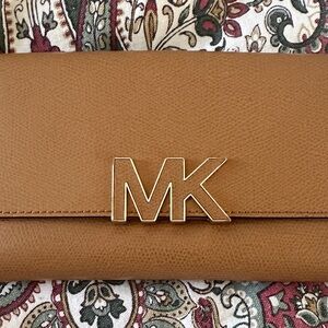 Michael Kors Brown Leather Clutch with Gold Logo